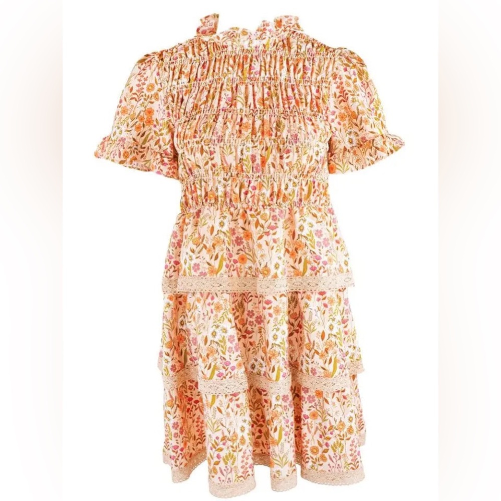 Simply Southern Vintage Inspired Floral Smocked Dress Tan Floral Size XL